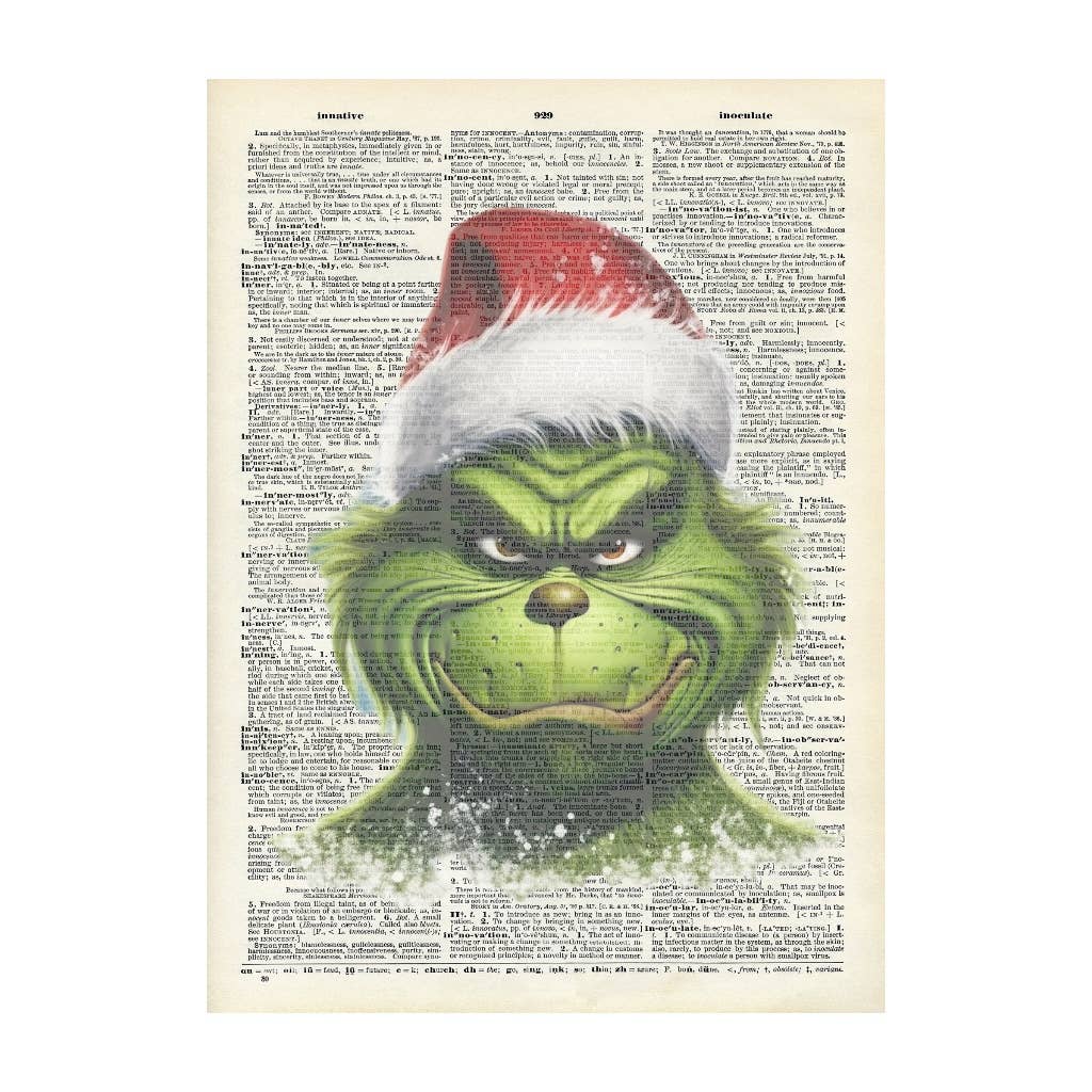 Grinch, smile, Christmas, Vintage, Dictionary Prints