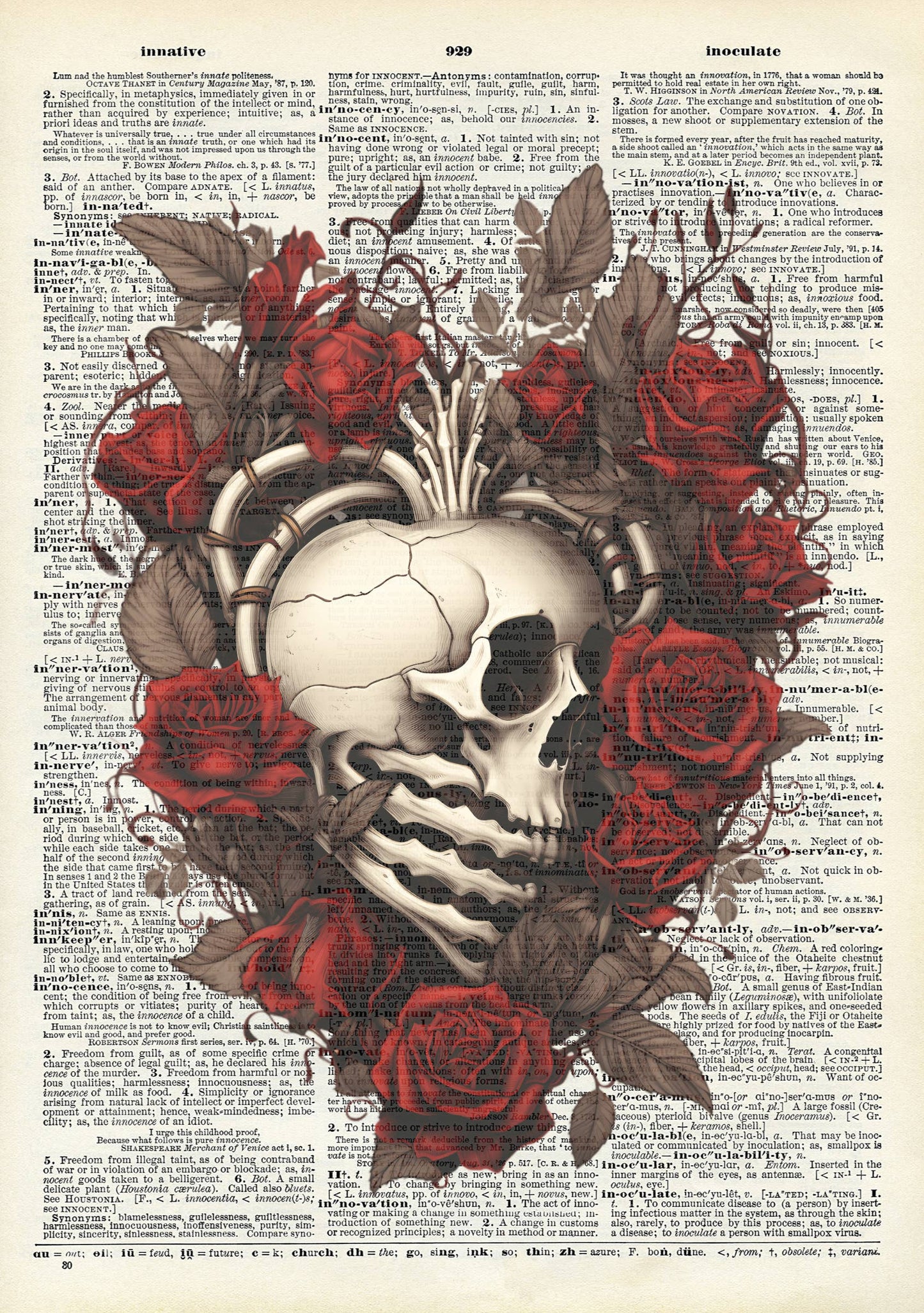 Heart, Gothic themed, floral, rose, Vintage Dictionary Print