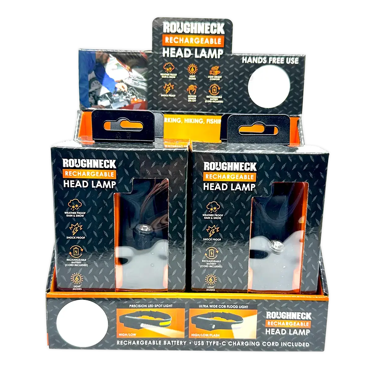 Roughneck Rechargable Headlamp Flashlight - 4/Display