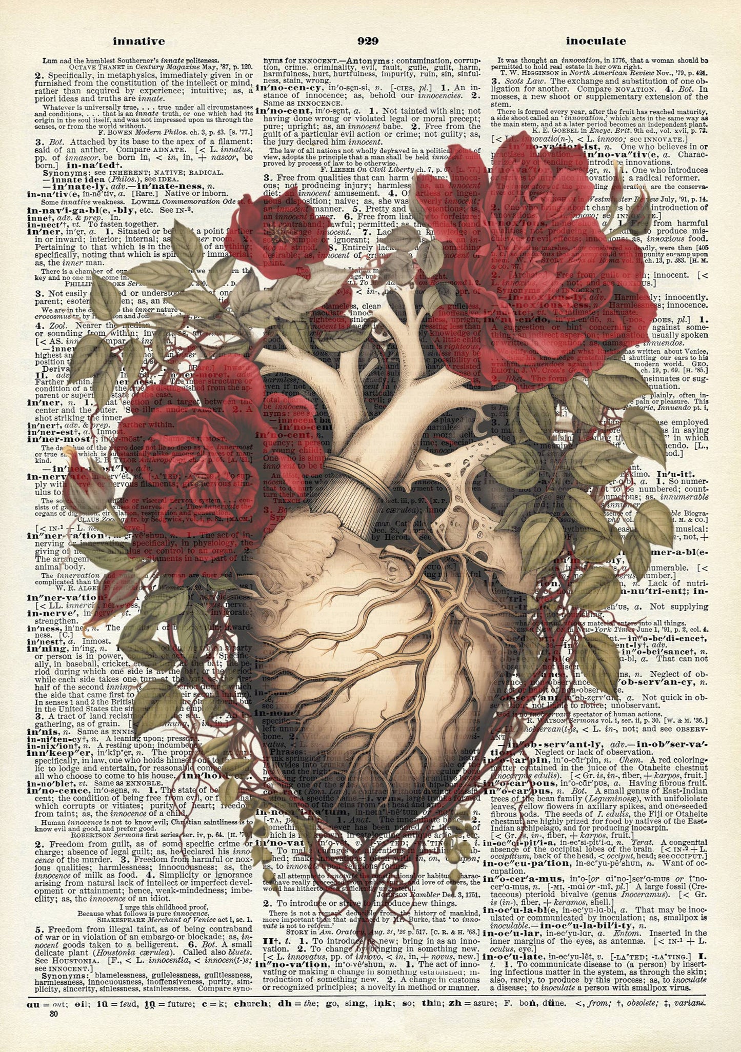 Heart, Gothic themed, floral, rose, Vintage Dictionary Print