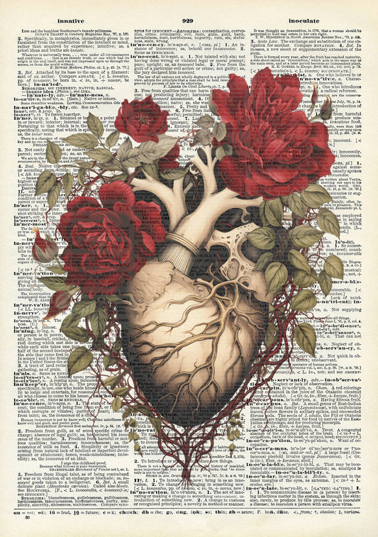 Heart, Gothic themed, floral, rose, Vintage Dictionary Print