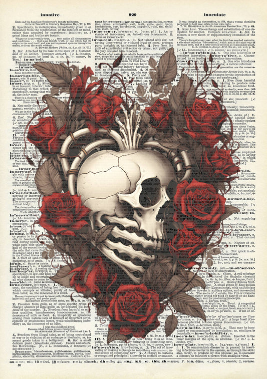 Heart, Gothic themed, floral, rose, Vintage Dictionary Print