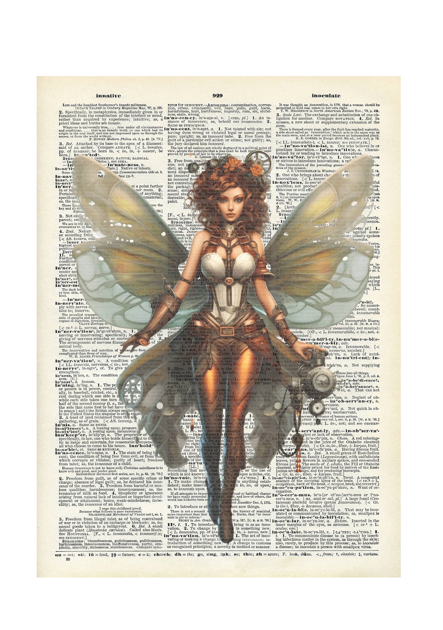 Beautiful fairy, women, steamboat, Vintage Dictionary Print