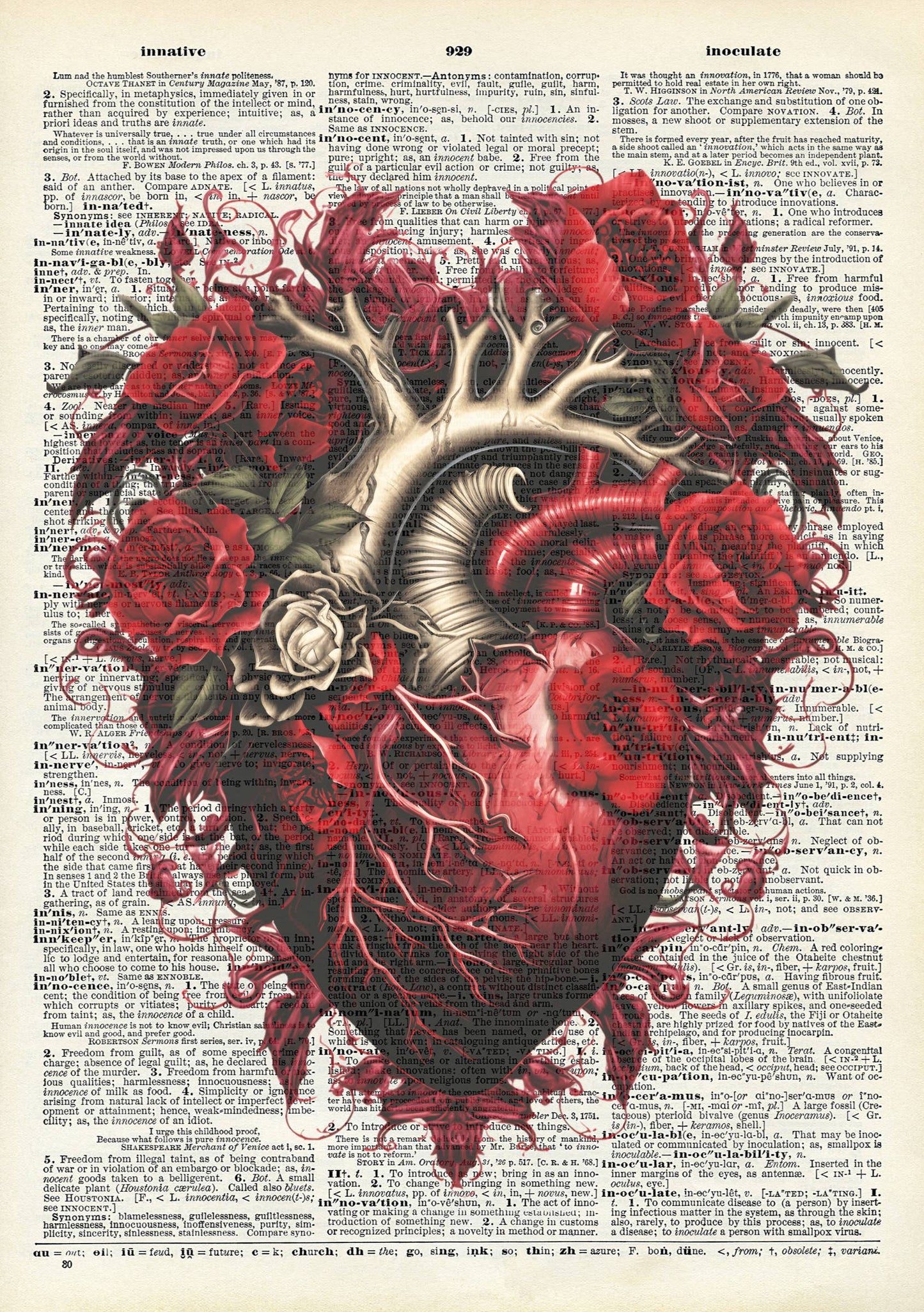 Heart, Gothic themed, floral, rose, Vintage Dictionary Print