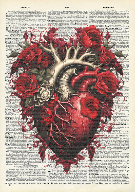 Heart, Gothic themed, floral, rose, Vintage Dictionary Print