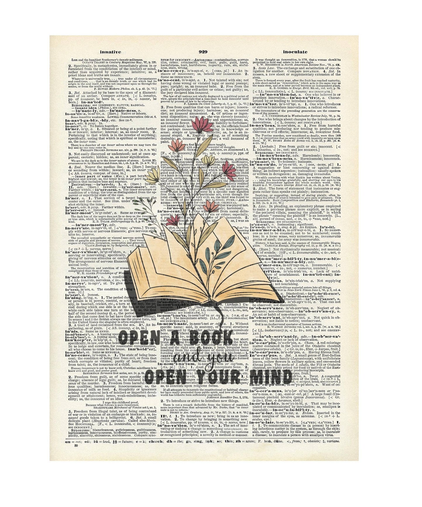 Booklover, books, art , Vintage, Dictionary Prints)