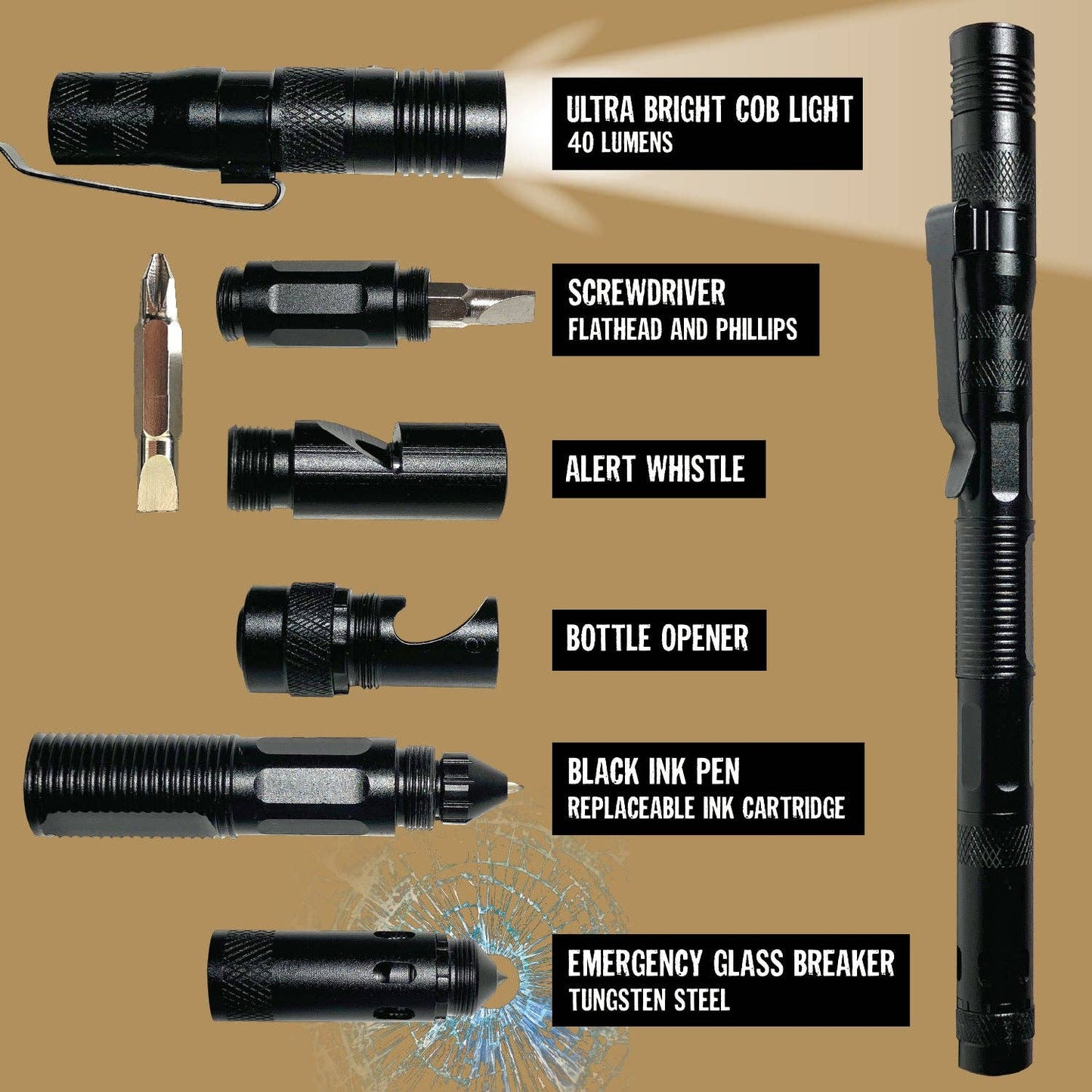 Tac Gear 6-In-1 Tactical Multi-Tool LED Pen - 6/Display