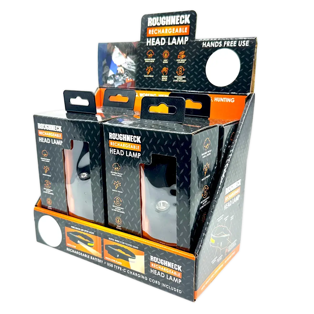 Roughneck Rechargable Headlamp Flashlight - 4/Display